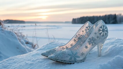 A pair of delicate heels appears to form from a cluster of frost-covered snowflakes.