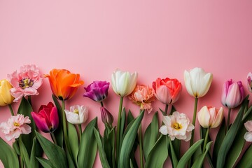 Obraz premium flowers on pastel pink background, with blank space on side for copy and text for Valentine's Day, Easter, Birthday, Happy Women's Day, Mother's Day. Flat lay, Beautiful composition