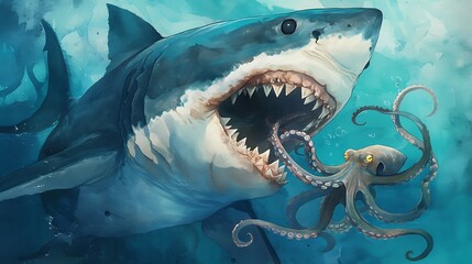 Obraz premium A great white shark fights with a giant octopus in the depths of the ocean