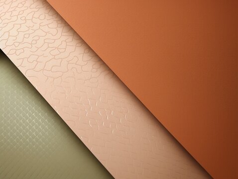 Textured matte paper with embossed geometric patterns, blending terracotta and sage green tones, tactile stationery design mockup