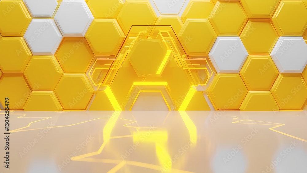 Poster dynamic yellow hexagonal patterns abstract design visual art studio environment close-up view modern