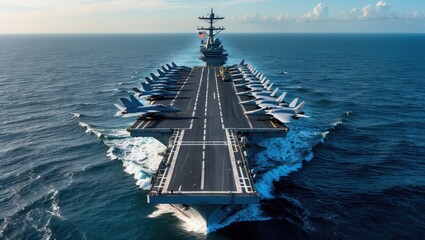 Aircraft carrier floats on blue ocean. Gray planes are parked. Waves crash against hull of ship under cloudy sky.