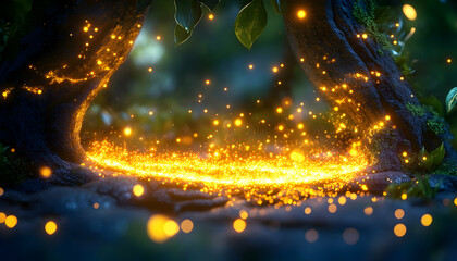 Obraz premium Enchanted circle glows amongst trees in dark, leaf-covered forest floor