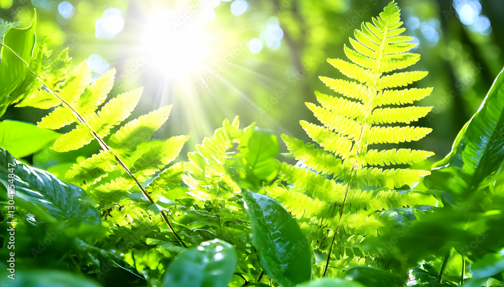 Poster fern illuminated by sunlight in forest setting with blurred leafy background