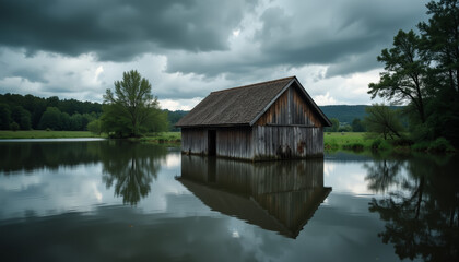 Fototapeta premium Dramatic wooden house submerged in floodwater with stormy sky, resilience