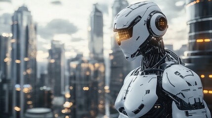 Futuristic robot overlooking a vibrant city skyline