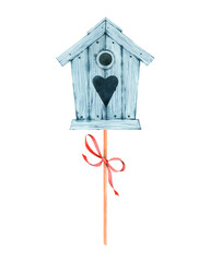 Spring house for birds blue. Watercolor illustration, postcard..