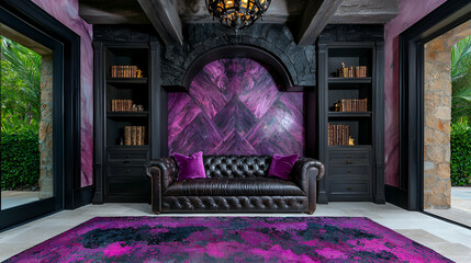 Elegant interior design featuring a luxurious leather sofa against a vibrant purple wall and stylish decor in a modern setting