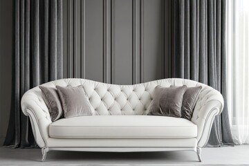 White sofa with gray and white cushions against gray curtains in a home interior