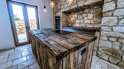 Modern Rustic Kitchen Design with Stone Walls and Wooden Countertop Featuring Halogen Bulbs and Open Space