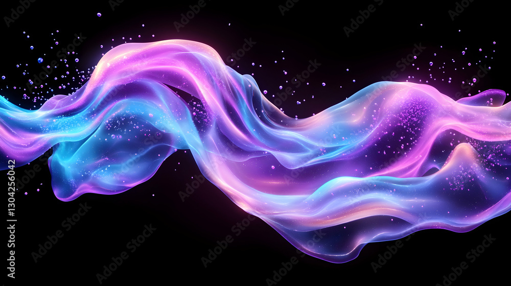 Poster flowing colorful waves on a black background with sparkles