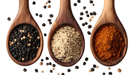 spices in wooden spoons on transparent background