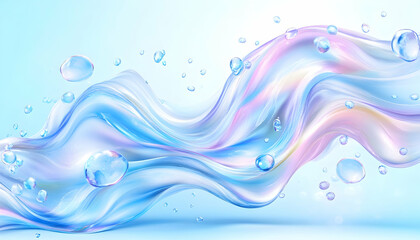 Fluid wave with bubbles, shimmering iridescence on a smooth light blue surface