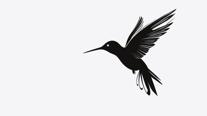 Obraz premium A stylized black and white silhouette of a hummingbird in mid-flight against a white background. The image is a vector graphic or illustration, with detailed rendering of the hummingbird's
