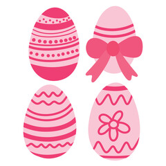 Set of cute pink Easter colored ornate eggs. Ribbon bow decorated eggs. Simple hand drawn vector clipart design element isolated on white background