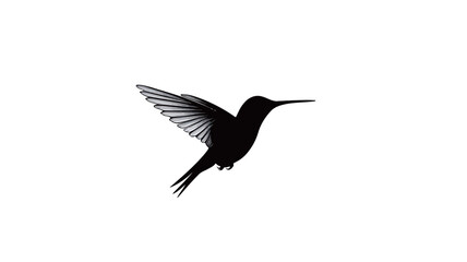 Obraz premium The image is a minimalist graphic representation of a hummingbird in flight. The hummingbird is depicted as a black silhouette against a white background. The silhouette shows the bird's