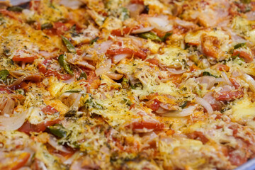 Freshly baked pizza, captured on March 12, 2025. Crispy crust topped with rich sauce, melted cheese, and flavorful toppings, creating a delicious and satisfying meal