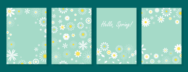 Set of spring themed cards. Collection of cute soft green templates with white flowers. Floral cozy backgrounds for flyer, leaflet, postcard, banner and other design. Vector graphics