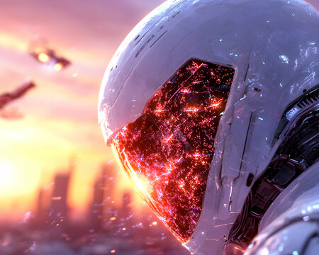 Futuristic robot helmet at sunset over city