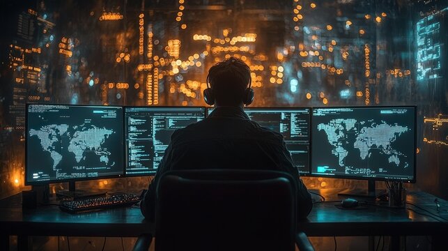 A person is looking at computer screens inside a data center