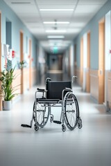 A solitary wheelchair in a hospital corridor, symbolizing care.