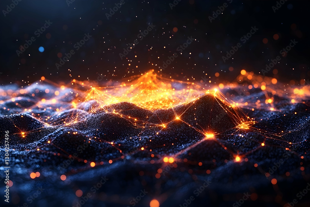 Aufkleber glowing network connects nodes above abstract landscape with sparkling backdrop