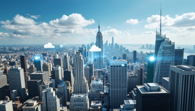 Futuristic cityscape with weather overlay, augmented reality forecast