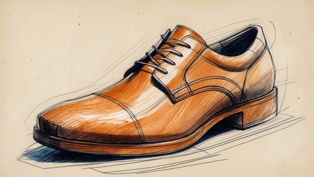 Brown shoe sketch on paper. Simple formal shoe drawing with laces. Art illustration of single footwear. Lines and shading visible.