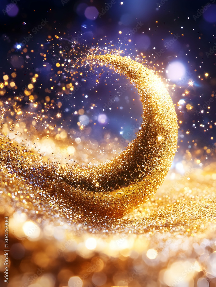 Poster golden dust swirling, creating crescent moon shape on shimmering abstract backdrop