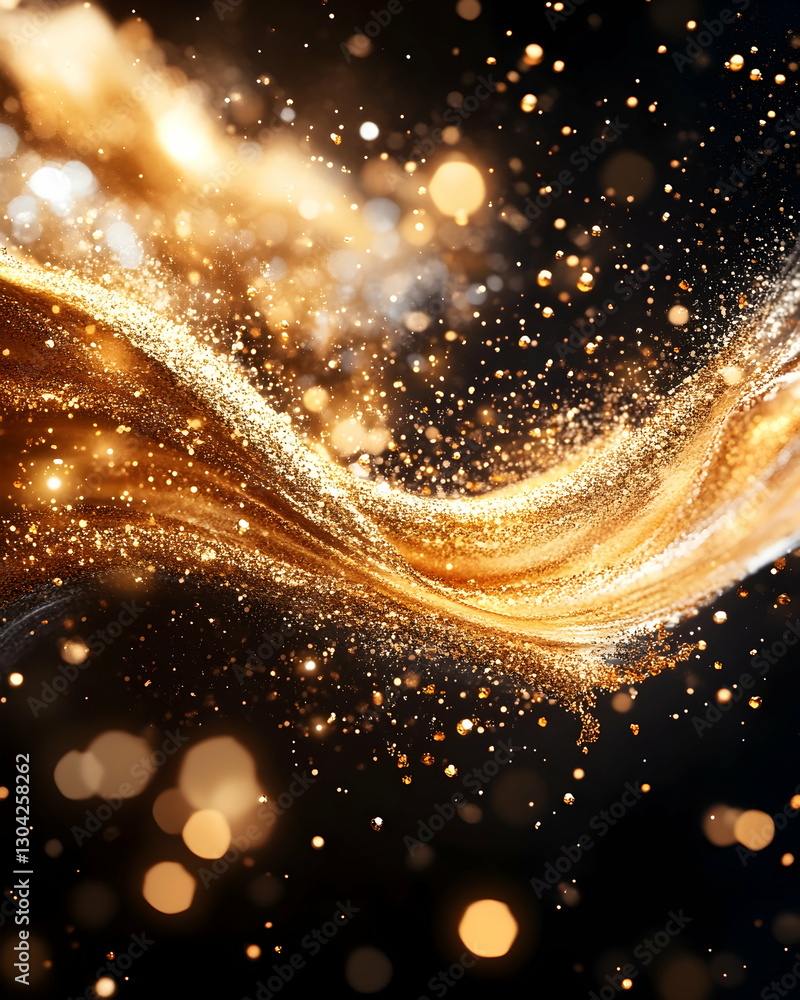 Poster golden swirl illuminates dark void. bokeh lights float around. dreamy glow