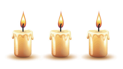 Digital illustration of three identical, short, cylindrical candles on a white background. Each candle is pale yellow/cream in color with melted wax dripping down the sides.  The flames are