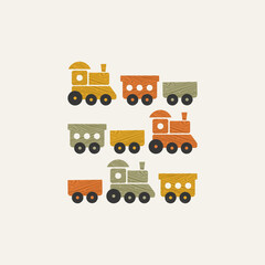 Little wooden train illustration. Children toy. Locomotive and wagon. Vector illustration