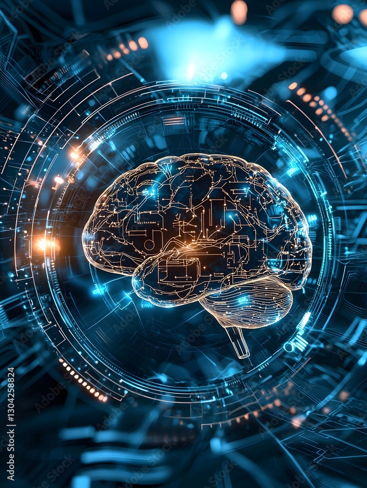 Poster futuristic mechanical brain concept digital realm 3d render high-tech environment close-up view inno