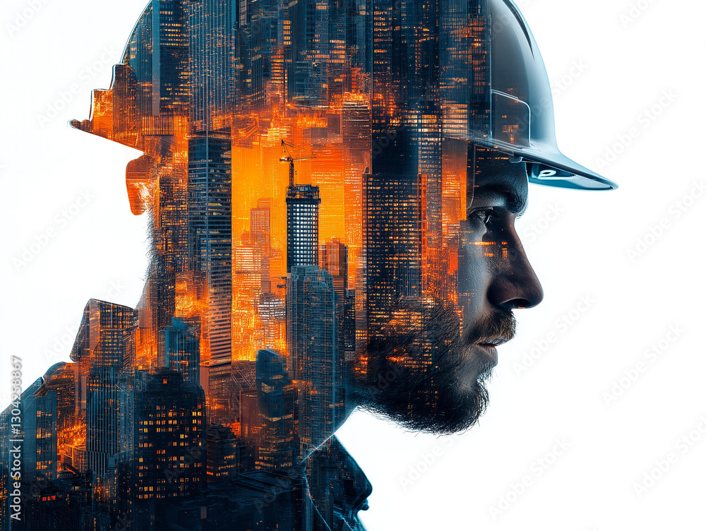 Poster builder in hard hat merging with construction site double exposure art . generative ai