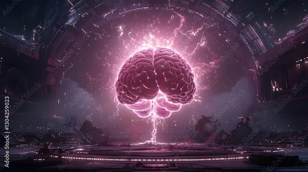 Poster futuristic mechanical brain visualization sci-fi lab digital art high-tech environment aerial view n