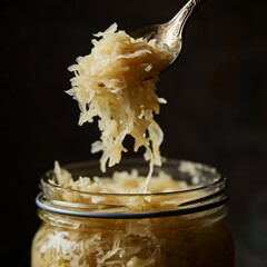 Fresh homemade sauerkraut being lifted with a spoon from a jar. A fermented superfood packed with probiotics and nutrients.