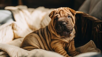 Cuddly shar pei puppy sitting on a cozy blanket in a warm room adorable pet photography