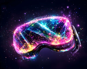Headset with colorful lights floating in dark space with starry background