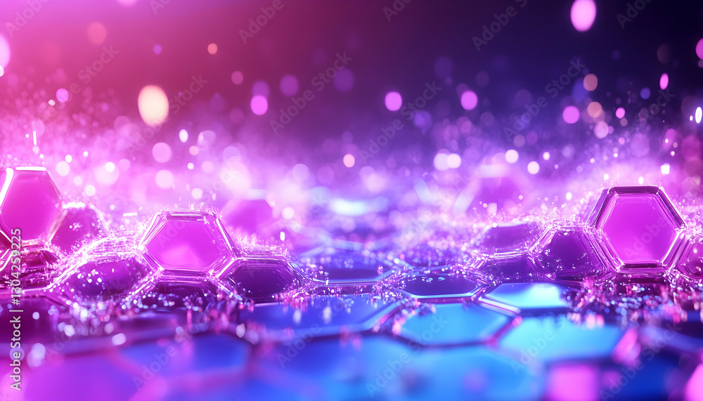 Poster hexagons glowing in violet light over patterned surface; bokeh background sparkle