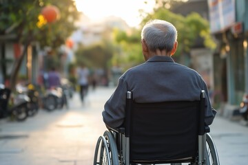 old age asian man, grey hair in a wheelchair, view from the back