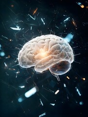 Fototapeta premium Floating crystalline brain structure digital realm 3d rendering futuristic environment close-up view conceptual representation