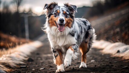 Scenic countryside adventure energetic merle australian shepherd captured in dynamic outdoor photography