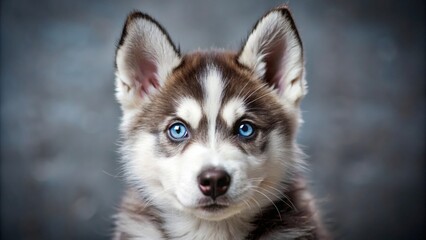 Curious siberian husky puppy with one blue and one brown eye indoor setting portrait close-up adorable expression