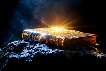 Illuminated Ancient Book on Rock