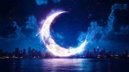 Obraz premium Illuminated Crescent Moon over City at Night