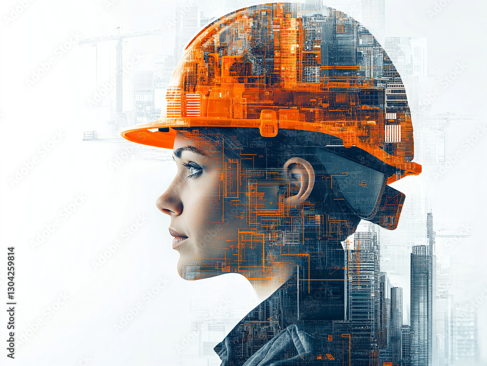 Poster builder in hard hat merging with construction site double exposure art . generative ai