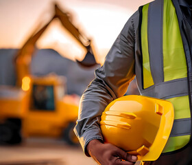 Construction worker with reflective vest and hard hat under arm