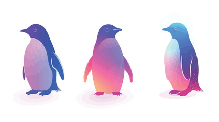 Naklejka premium The image contains three stylized illustrations of penguins. Each penguin is depicted in a different gradient color scheme, ranging from cool blues and purples to warm pinks and oranges.
