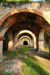 Naklejka premium Ancient arches leading into a lush green pathway in nature.