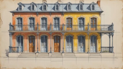 Obraz premium Illustration of two story building with orange and yellow walls. Gray roof and balconies. Windows and doors on facade. Architectural sketch on paper background.